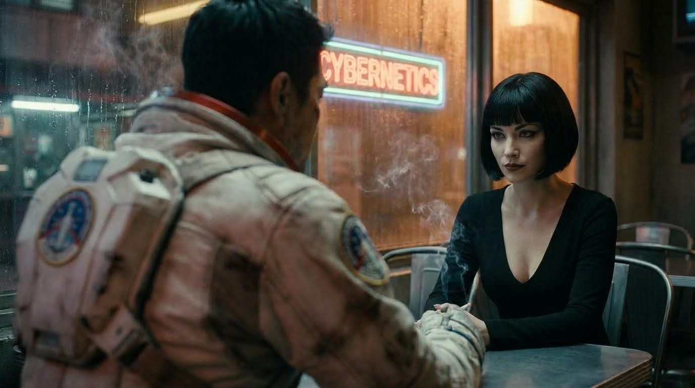 "Medium shot of the woman [image1], over the right shoulder of the man[image1]. She is positioned on the RIGHT side of the frame, looking towards the man"