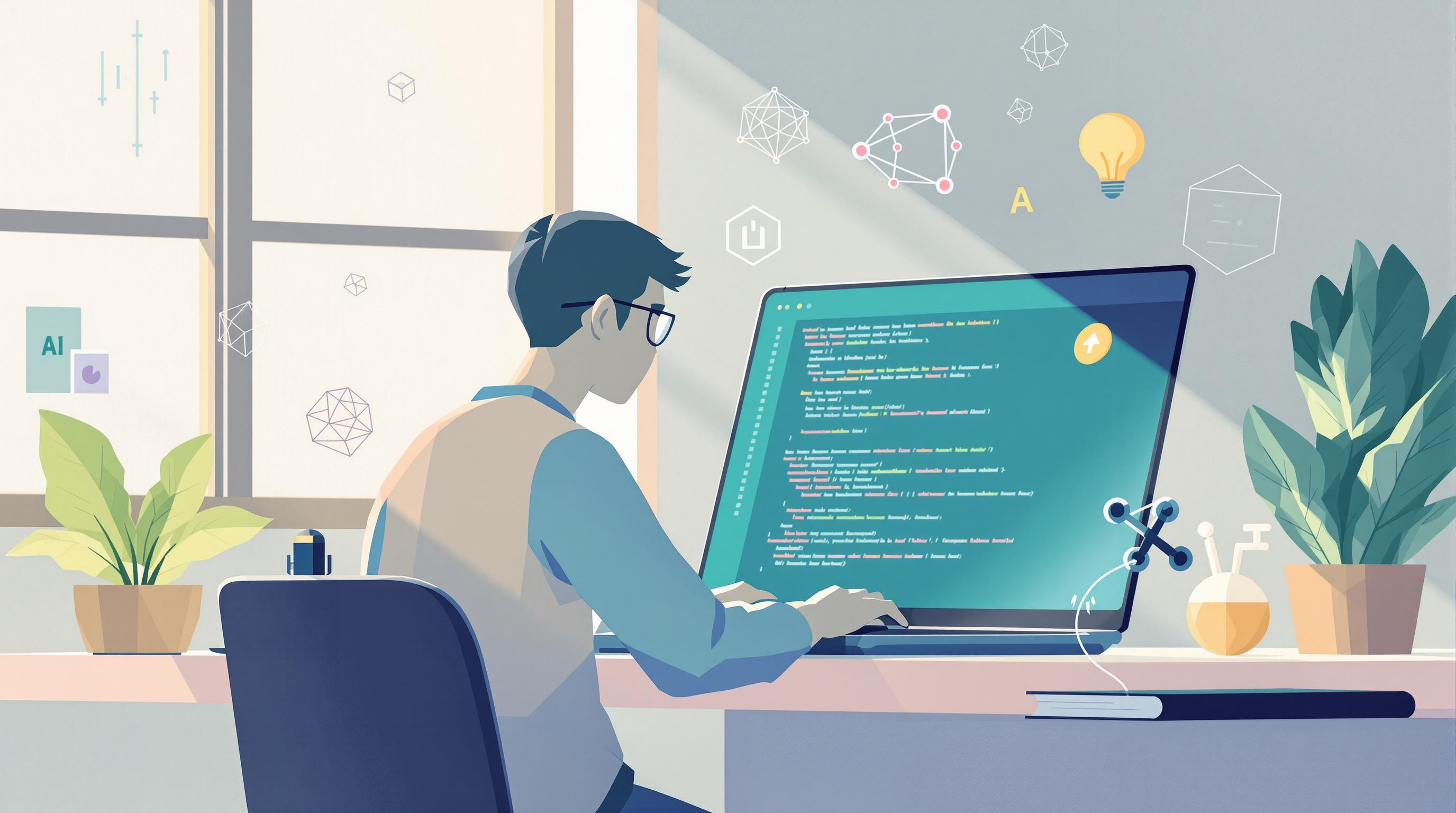 A programmer is seated at a desk in a modern workspace, intensely focused on writing code related to backend development and AI tools, with a large computer screen displaying programming lines and illustrations of machine learning concepts surrounding them.