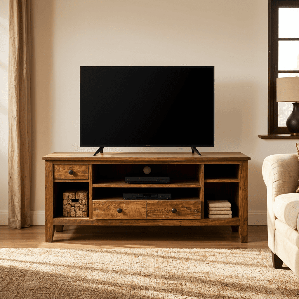 product photography of a wooden TV stand with drawers and open shelves