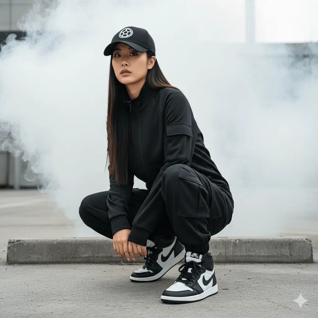 AI-generated female tracksuit athletic casual fashion portrait featuring Asian woman wearing black zip-up jacket and matching pants with black and white sneakers against street setting by Mahendra