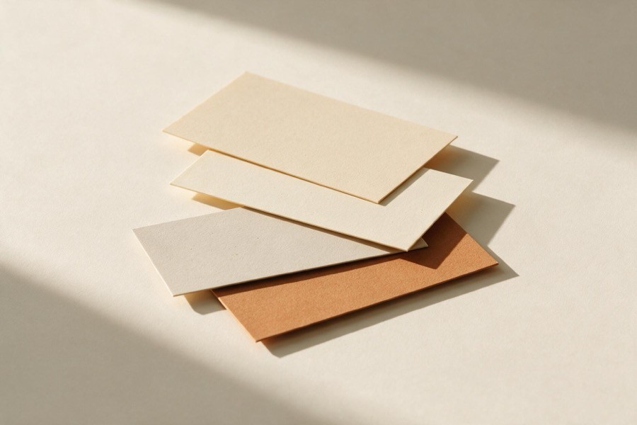 Four paper cards in four different off-white tones sliding into precise alignment on a warm off-white surface