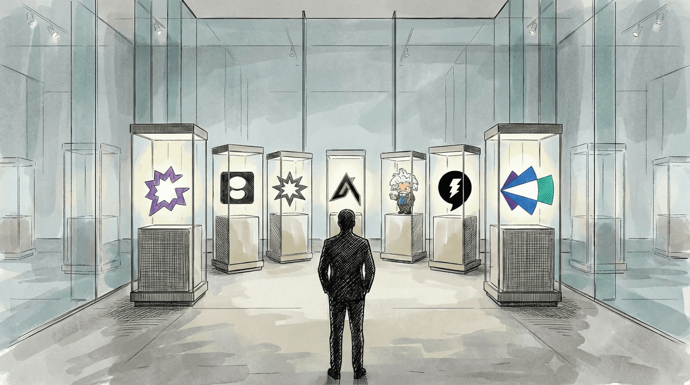 An illustration of a silhouette figure standing in a museum gallery, viewing a row of illuminated glass display cases that contain various logos and icons of AI companies.