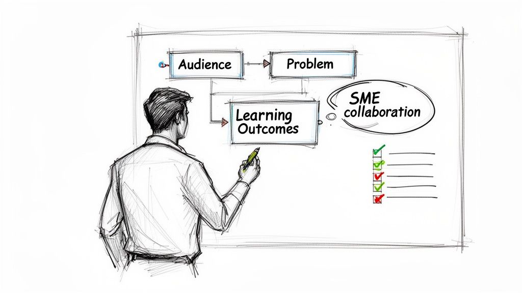 Sketch of a man drawing a training design flow chart with audience, problem, and learning outcomes.