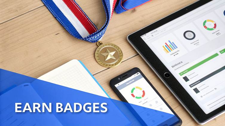 A gold medal, notebook, smartphone, and tablet displaying charts, with 'EARN BADGES' text.