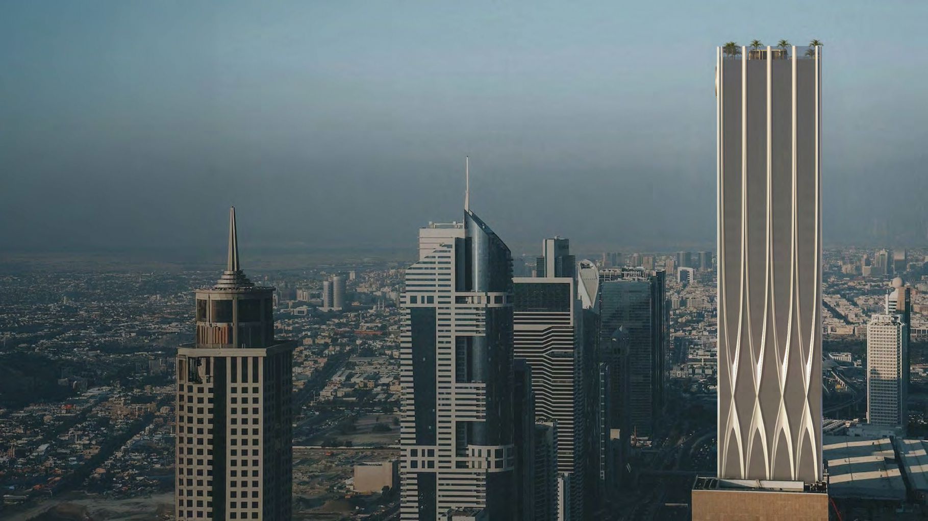 Ash Tower architectural view over Dubai skyline. Contact your real estate agent for high-rise luxury living.