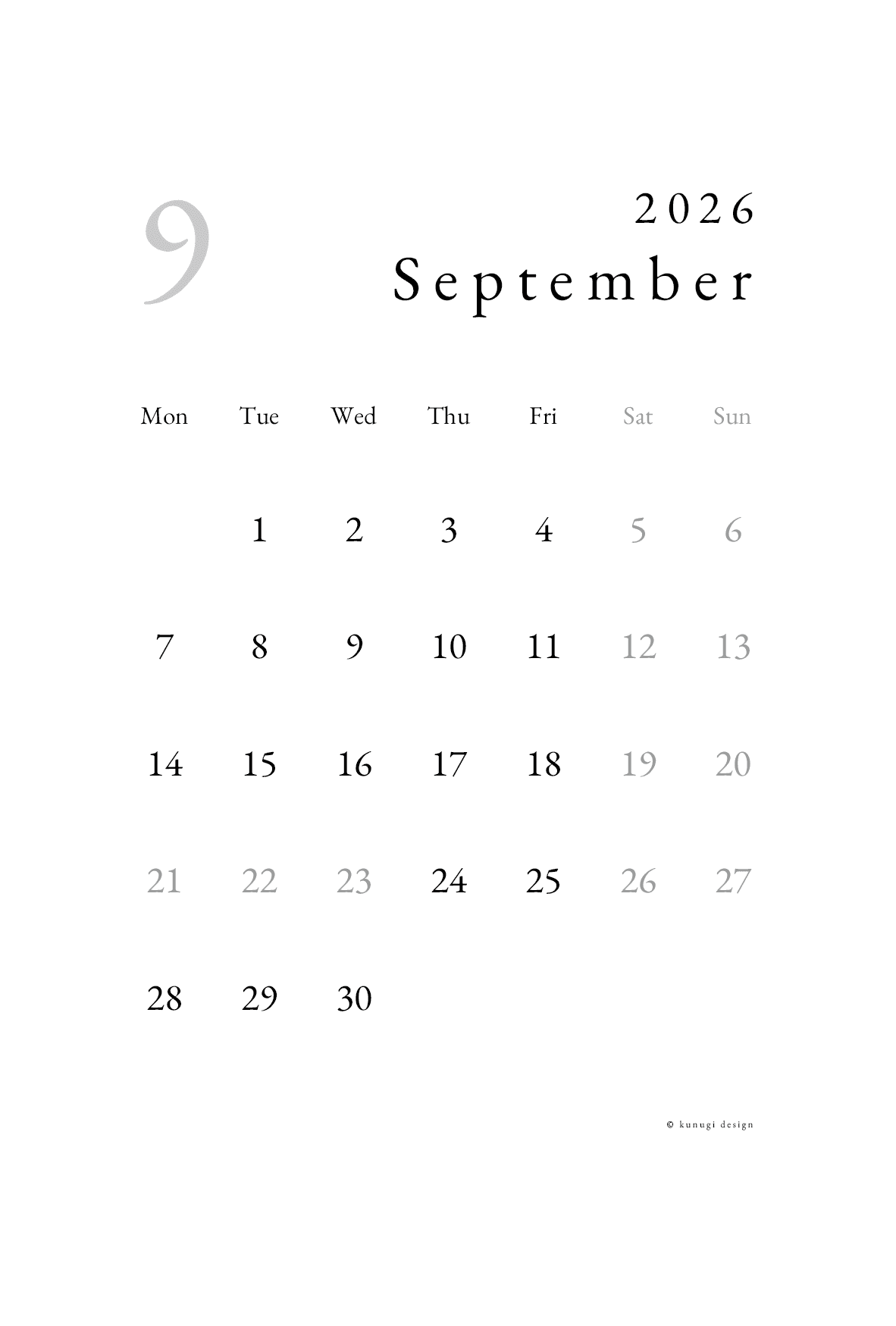 2026年9月カレンダー