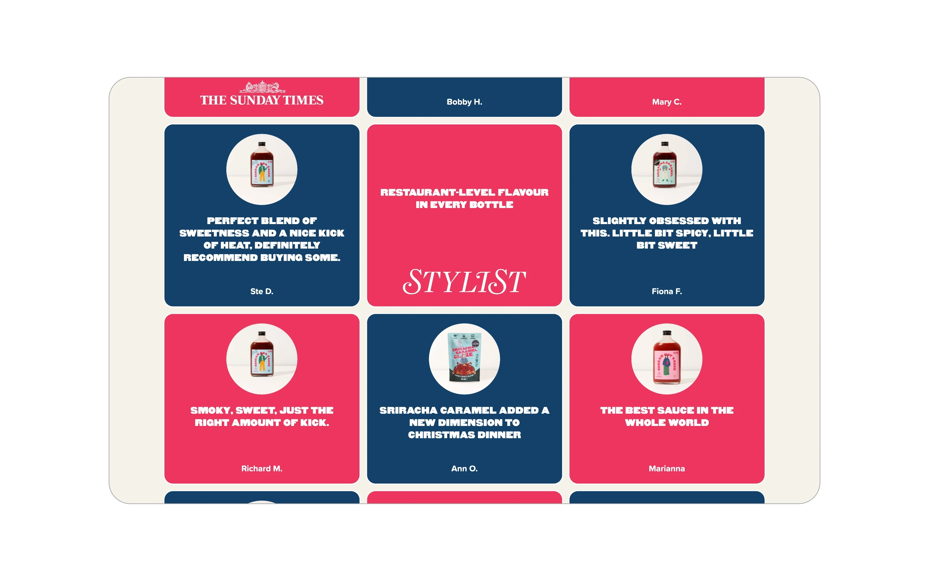 detail of the review page on the site, showing a wall of reviews with a mix of customer reviews and media quotes about the products