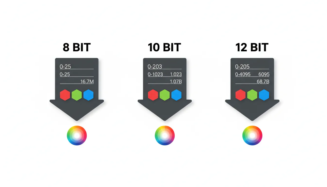 A clean data visualization infographic explaining color bit depth, presented as a three-column comparison on a white studio backdrop. Each column features a large, bold title with abstracted text. Below each title is a dark charcoal-grey graphic, shaped like a rectangle with a large downward-pointing arrow. Inside each grey shape are lines of placeholder numbers and three vibrant, flat-colored hexagons: one red, one green, and one blue, representing RGB channels. Below each of the three main arrow graphics, there is a small, detailed circular color wheel icon. Minimalist vector art style with subtle drop shadows creating a clean, professional aesthetic.