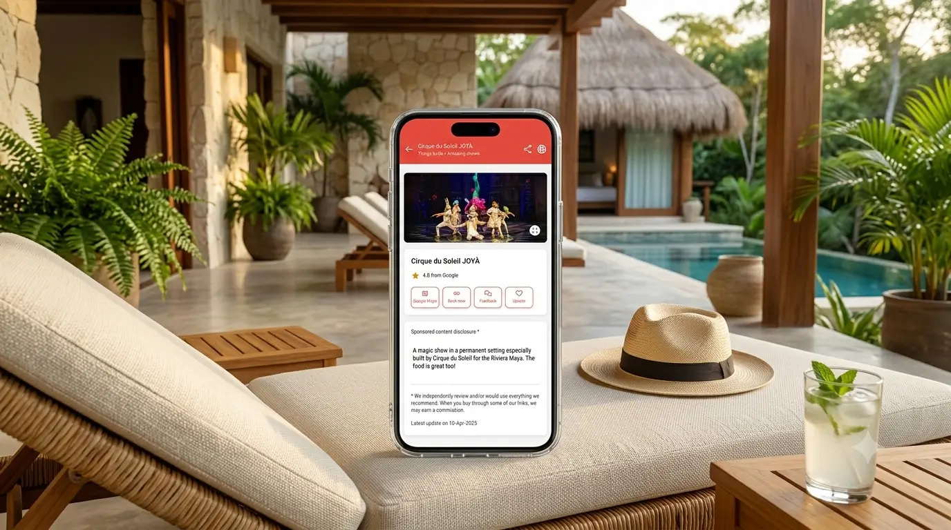 SmoothStay digital guidebook mockup with a local recommendations to a show.