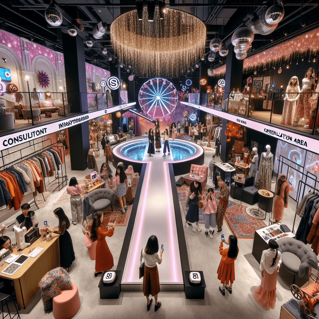 Image of the future of retail generated using Artificial Intellegence - showing aspects of a store such as a catwalk, technology and people enjoying the experience