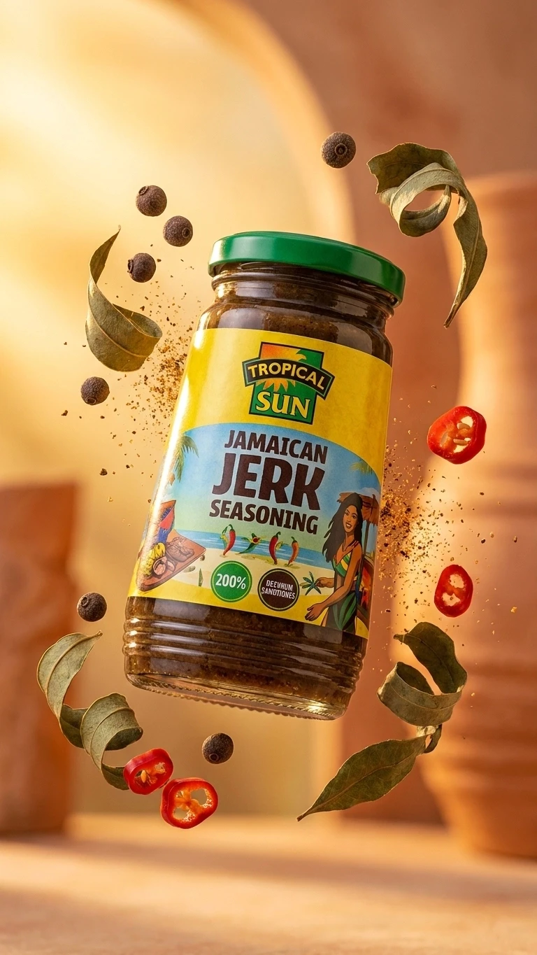 Tropical Sun Jamaican Jerk Seasoning jar with floating spices for mediareach Caribbean food marketing