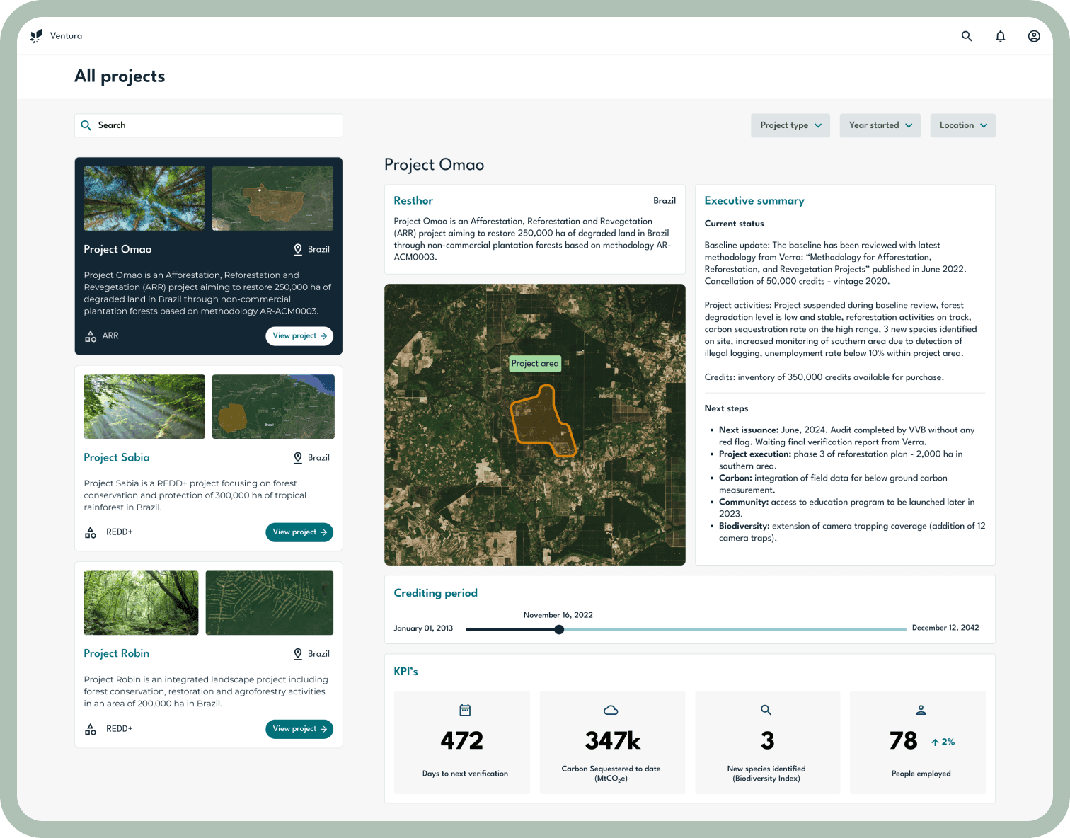 User interface of Ventura, a platform to monitor forest conservation projects.