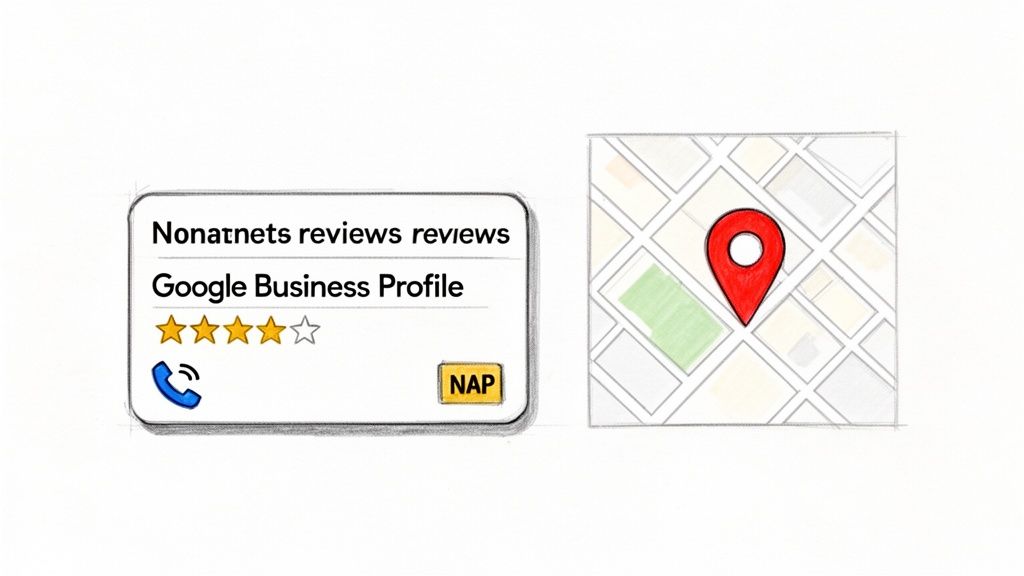 Illustration of a Google Business Profile card with reviews and a map icon with a red location pin.