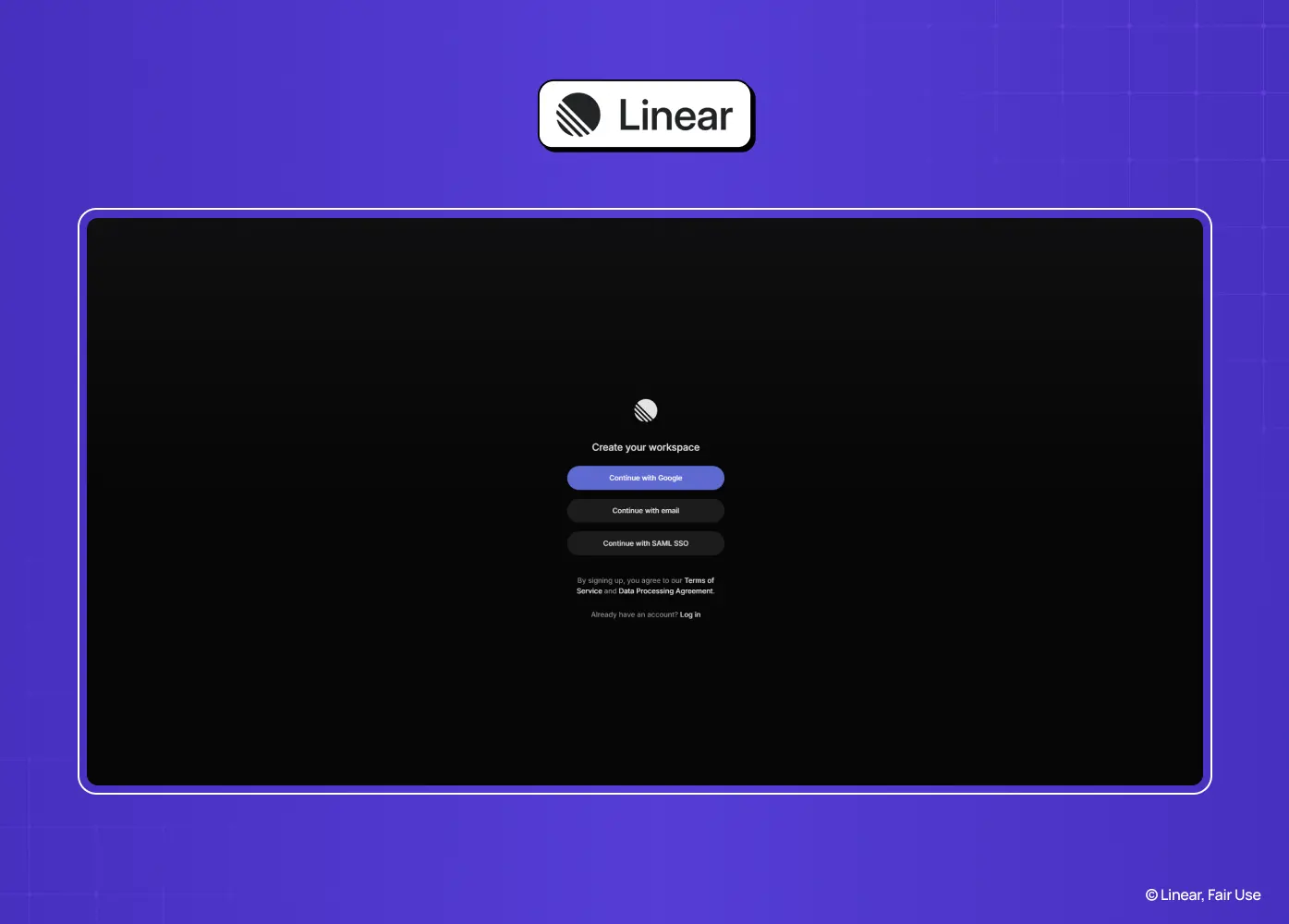 Linear workspace creation page featuring Google, email, and SSO sign-up options in a minimalist dark interface.