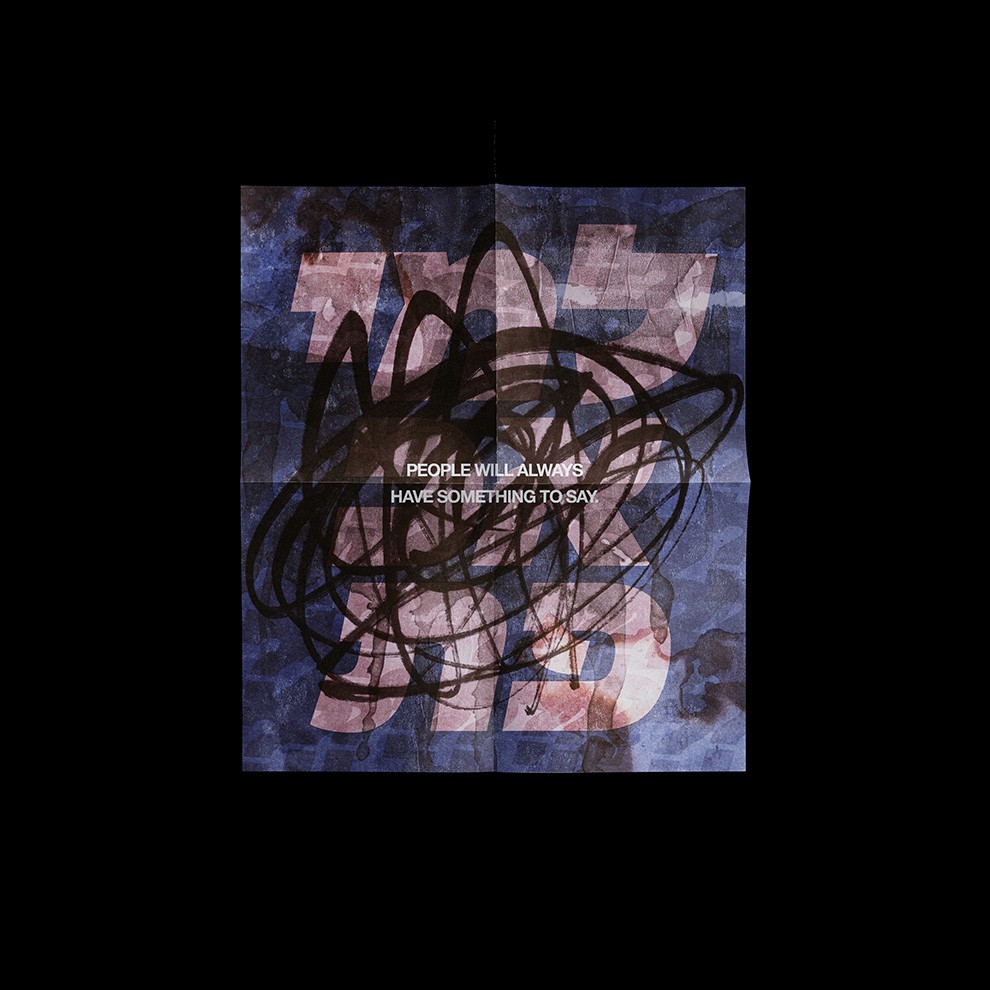 Abstract art with layered blue backgrounds and black scribbles, representing confusion and emotional tension.