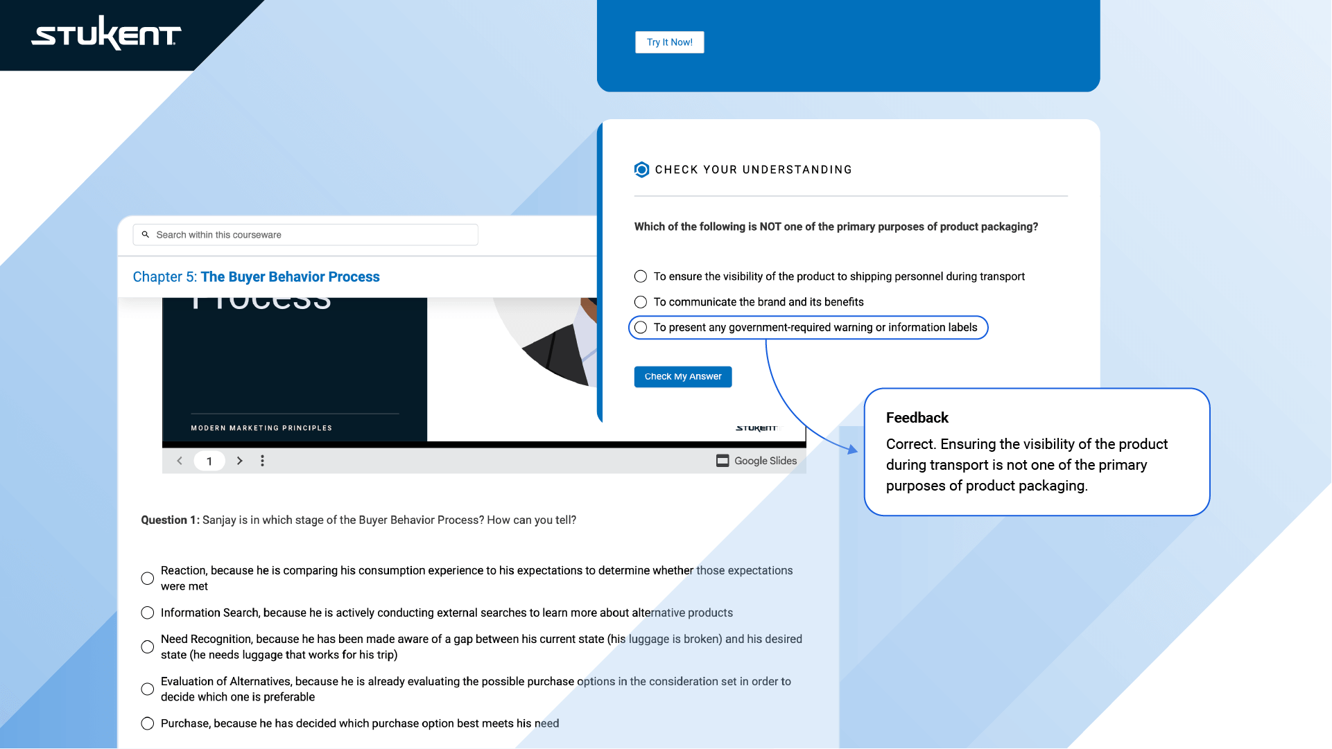 Screenshot of a Stukent learning module titled “Project 1: Budget Market Vision.” A question asks which ad focuses on unique product features. The selected answer is “It identifies a pain point that the consumer may experience.” Feedback: “Good! Describing usability...”