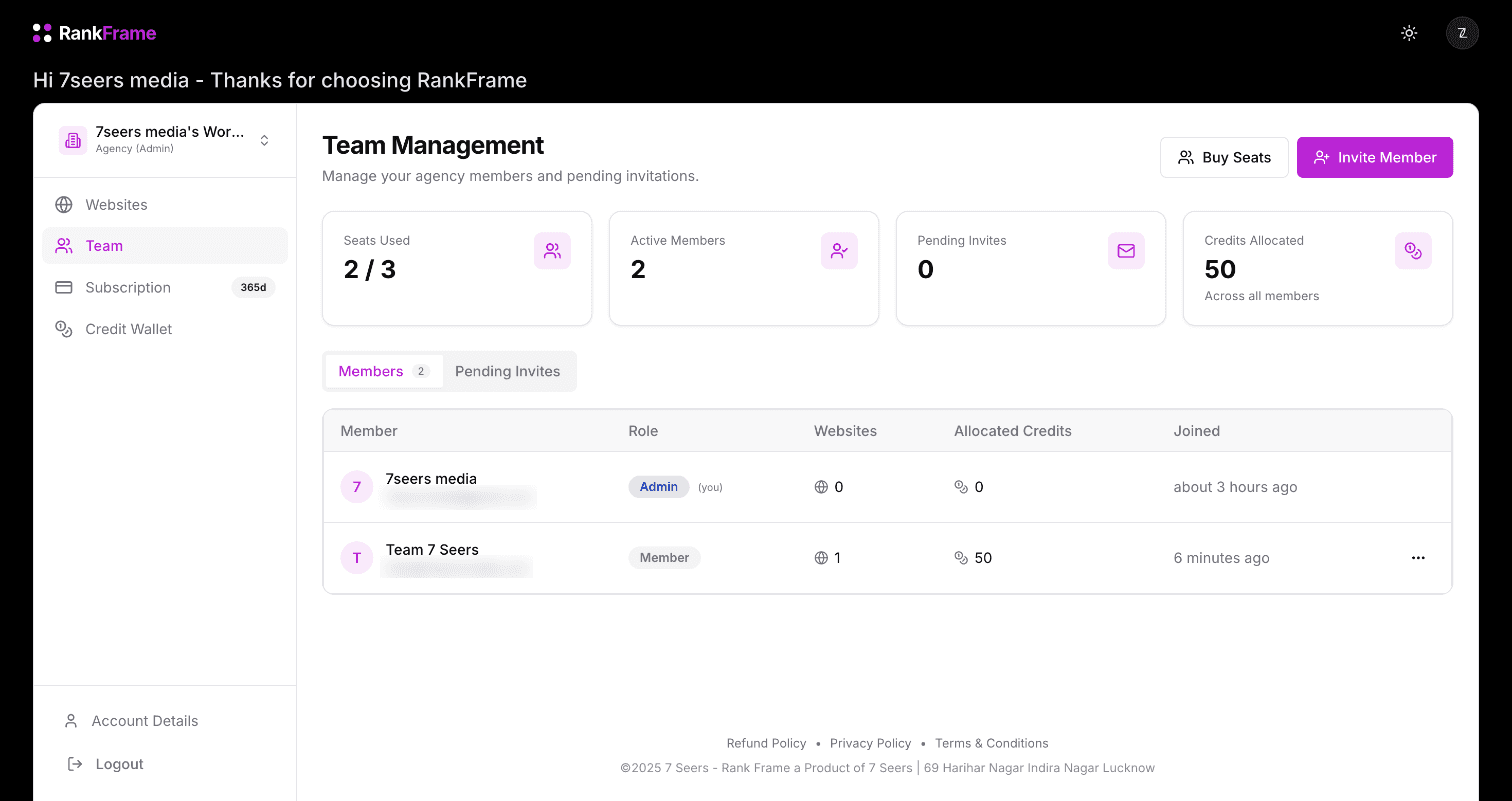RankFrame Team Management page with two members, seats used 2 of 3 and 50 credits allocated