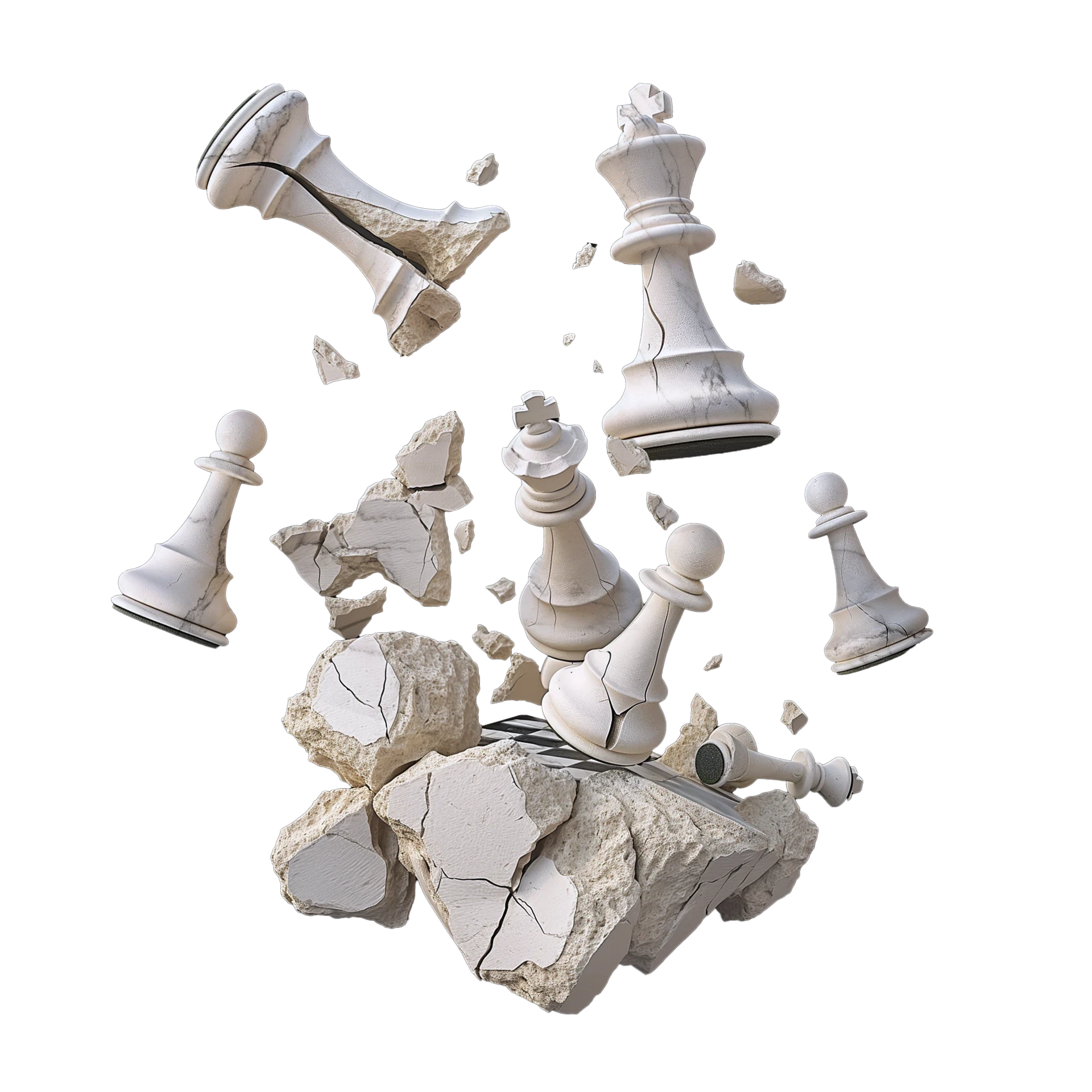 Scacchiera in frantumi, simbolo del fallimento delle strategie di marketing tradizionali.