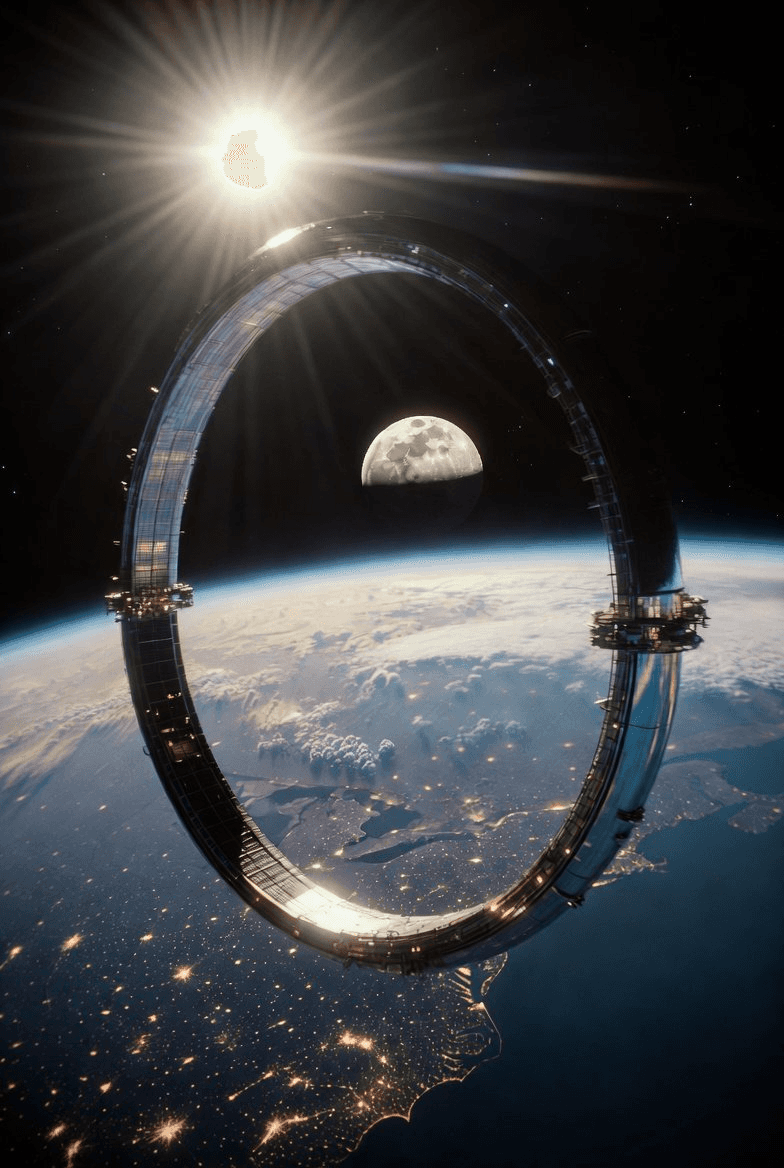 The completed Metatronium ring habitat in orbit above Earth at night, backlit by the Sun, with city lights glowing on the planet below.