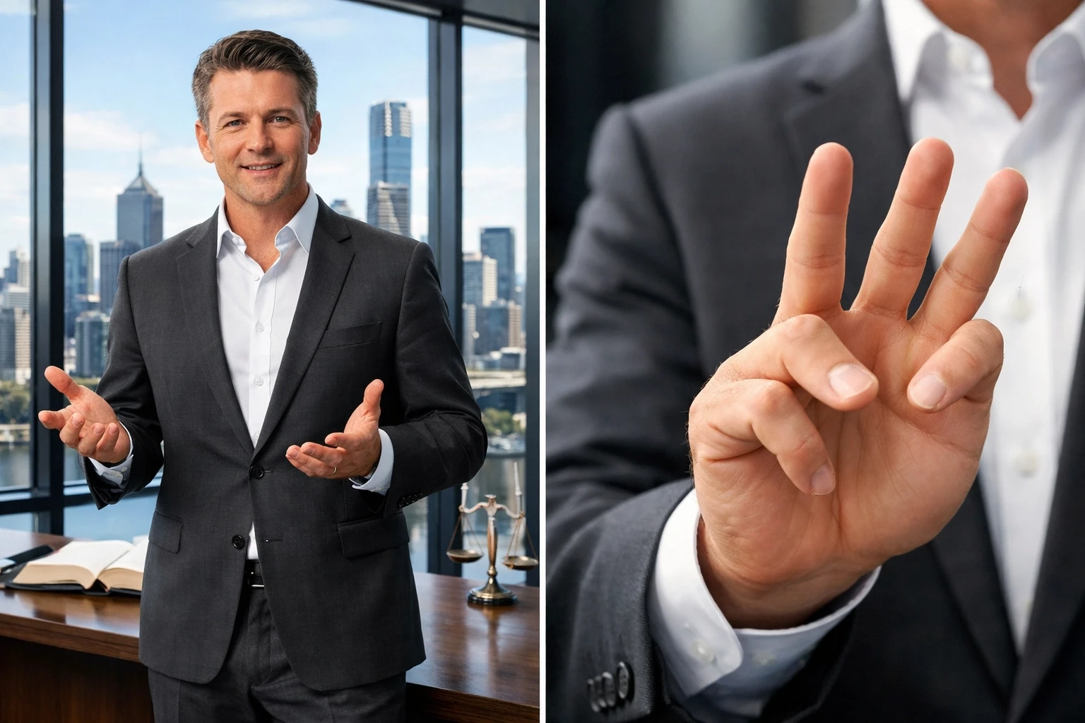 Professional lawyer demonstrating three-step legal process in Melbourne office for LinkedIn video