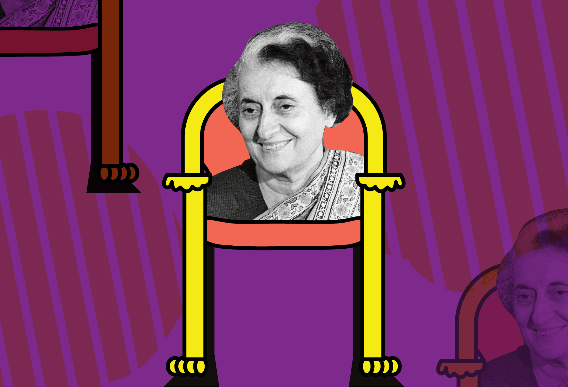 A black and white portrait of an elderly woman with short dark hair, smiling and looking directly at the viewer. She is seated in a pink chair with yellow arms and legs, against a purple background with diagonal stripes. A partial view of a second chair is visible in the upper left corner. A portion of a third person’s face is visible in the lower right corner.