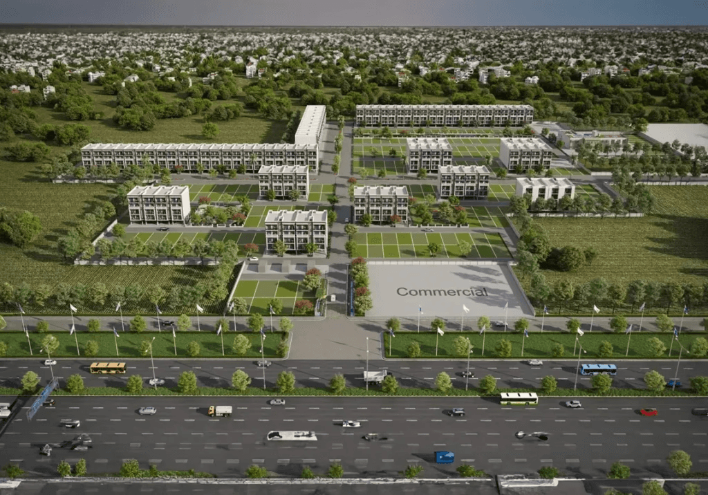 Gray modern farmhouse with ivy, a pool, and lounge chairs in a grassy area.