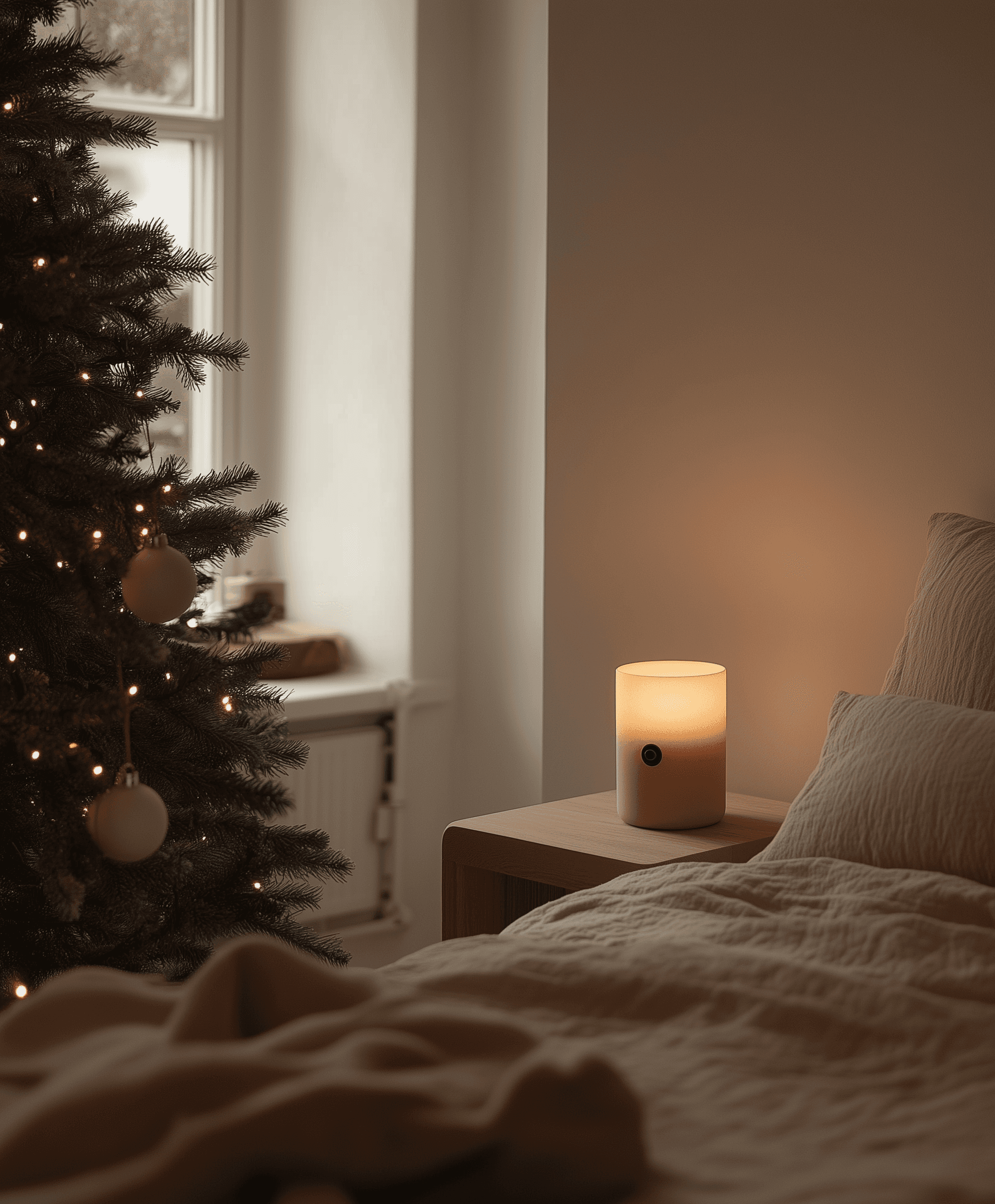 Intimate holiday bedroom scene with decorated Christmas tree by window, glowing candle on wooden nightstand, cream bedding, and cozy atmospheric lighting
