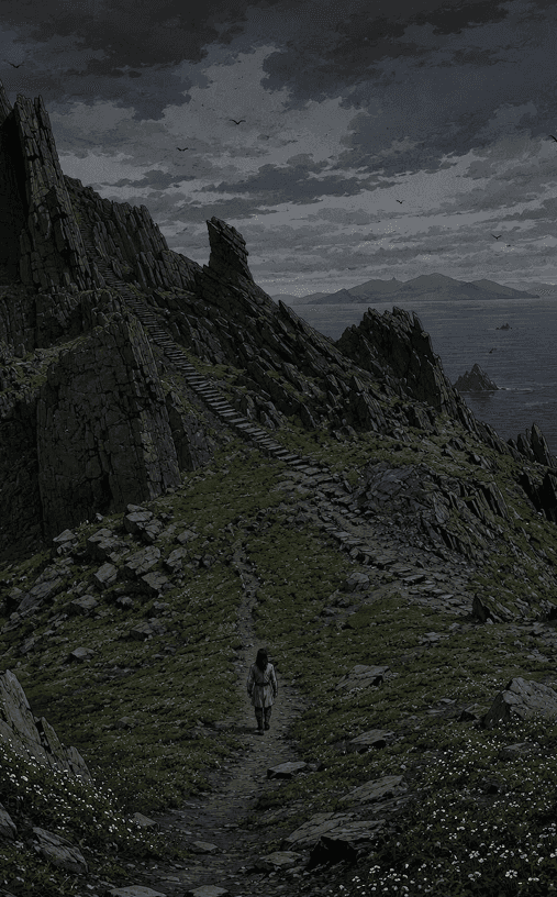 Cinematic Graphic Novel: a lone figure walks a path along a rocky sea cliff under a cloudy sky