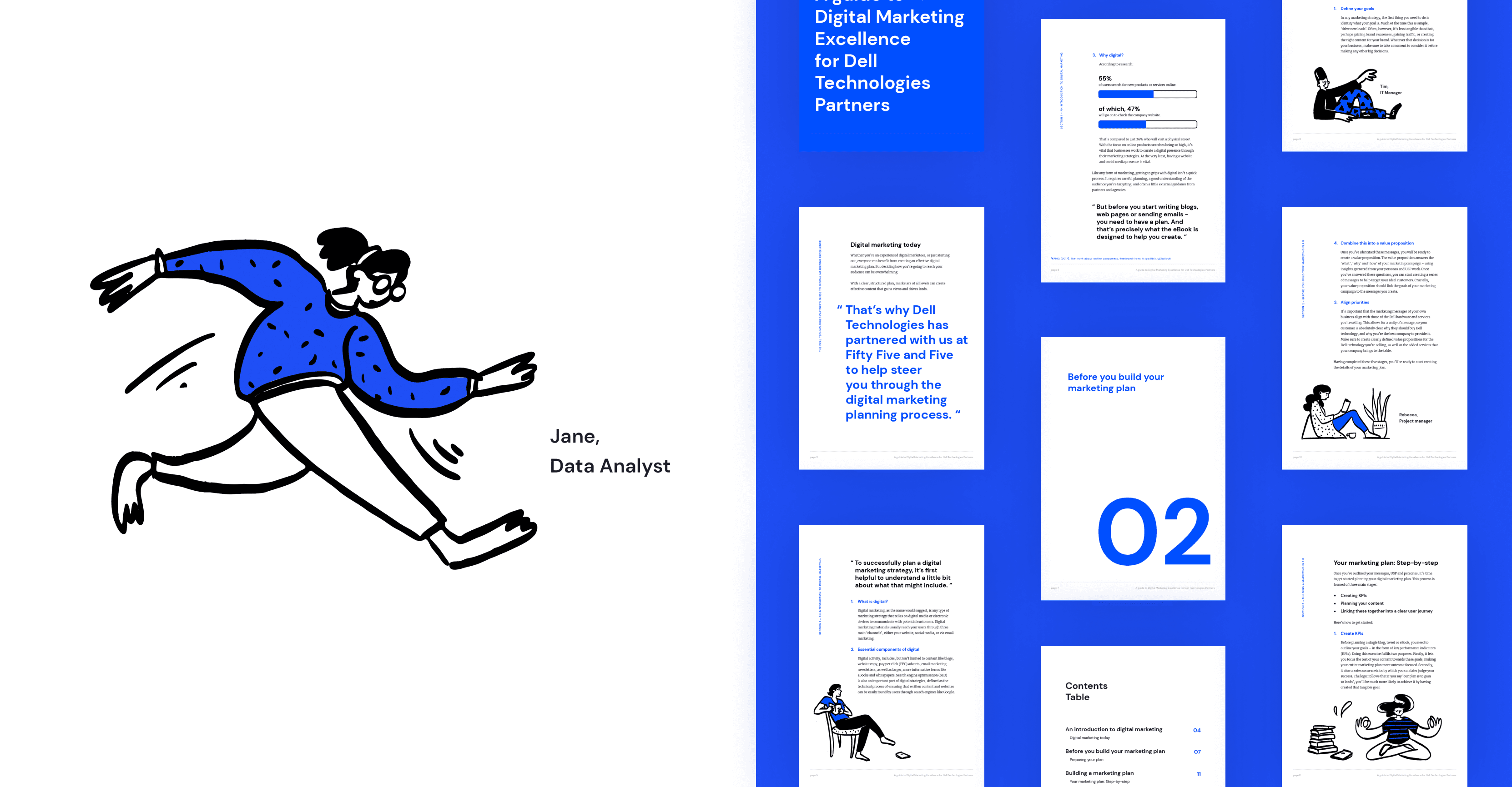 A spread of eBook pages from Dell Technologies’ partner marketing guide, featuring illustrations and tips for building digital marketing strategies.