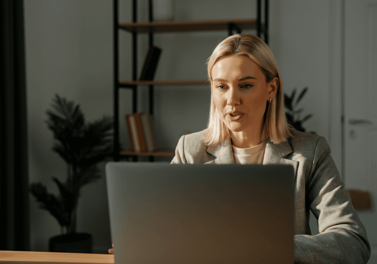 Blonde businesswoman in a blazer at a laptop, possibly engaged in a video call, talking while looking at the screen.
