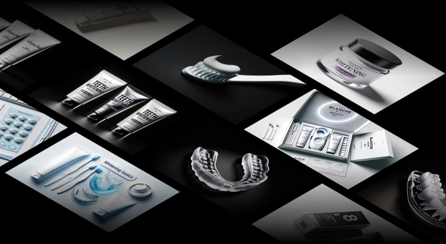 Grid display of various teeth whitening products from Blanche, including whitening toothpaste tubes, a toothbrush with whitening gel, dental trays, whitening strips, a jar of whitening powder, and a teeth whitening kit. The products are arranged on black and white backgrounds, emphasizing the sleek packaging and dental care tools.