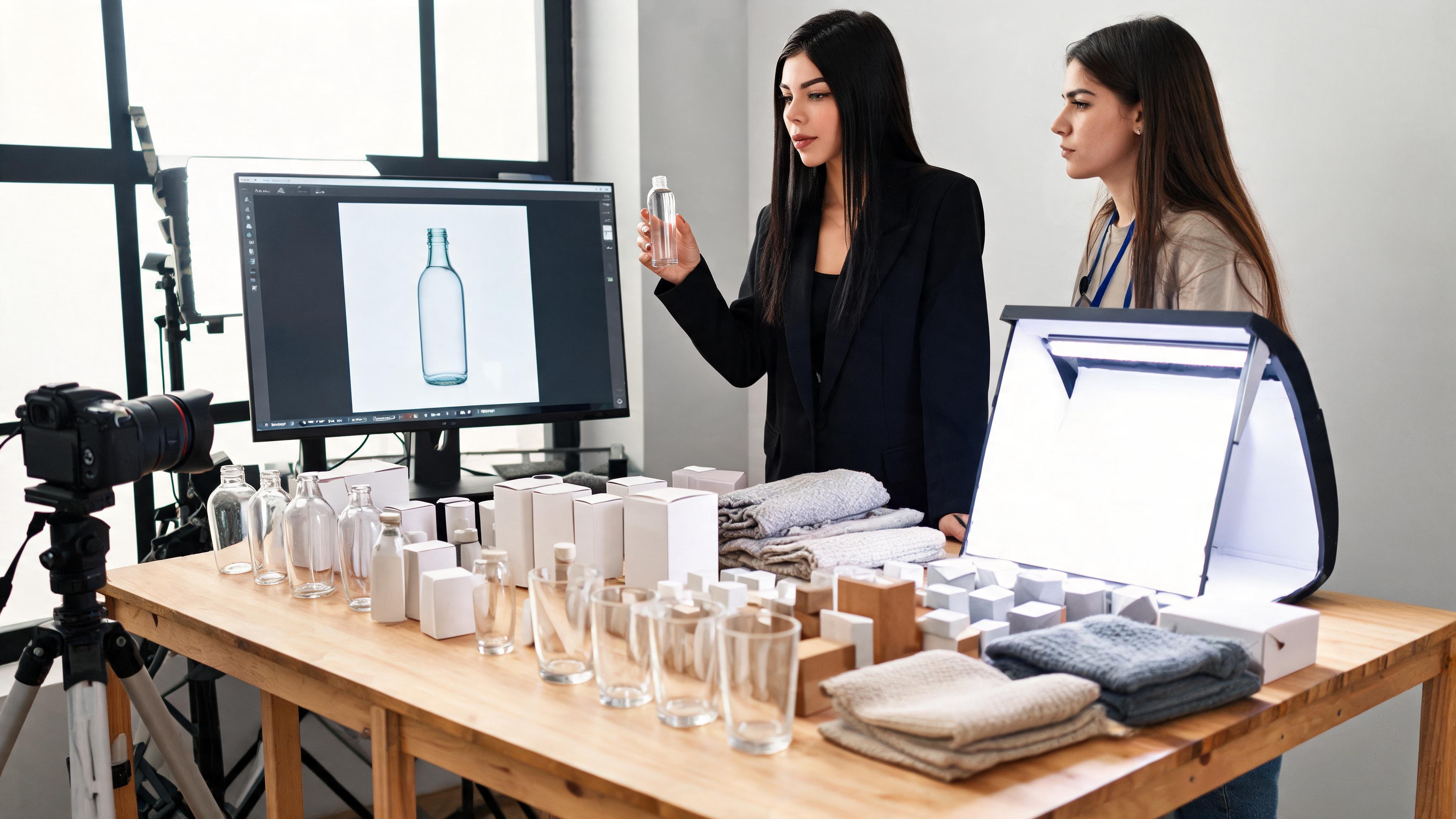 Equipo de comercio electrónico revisando un catálogo de productos variado antes de una transferencia de veinte SKU