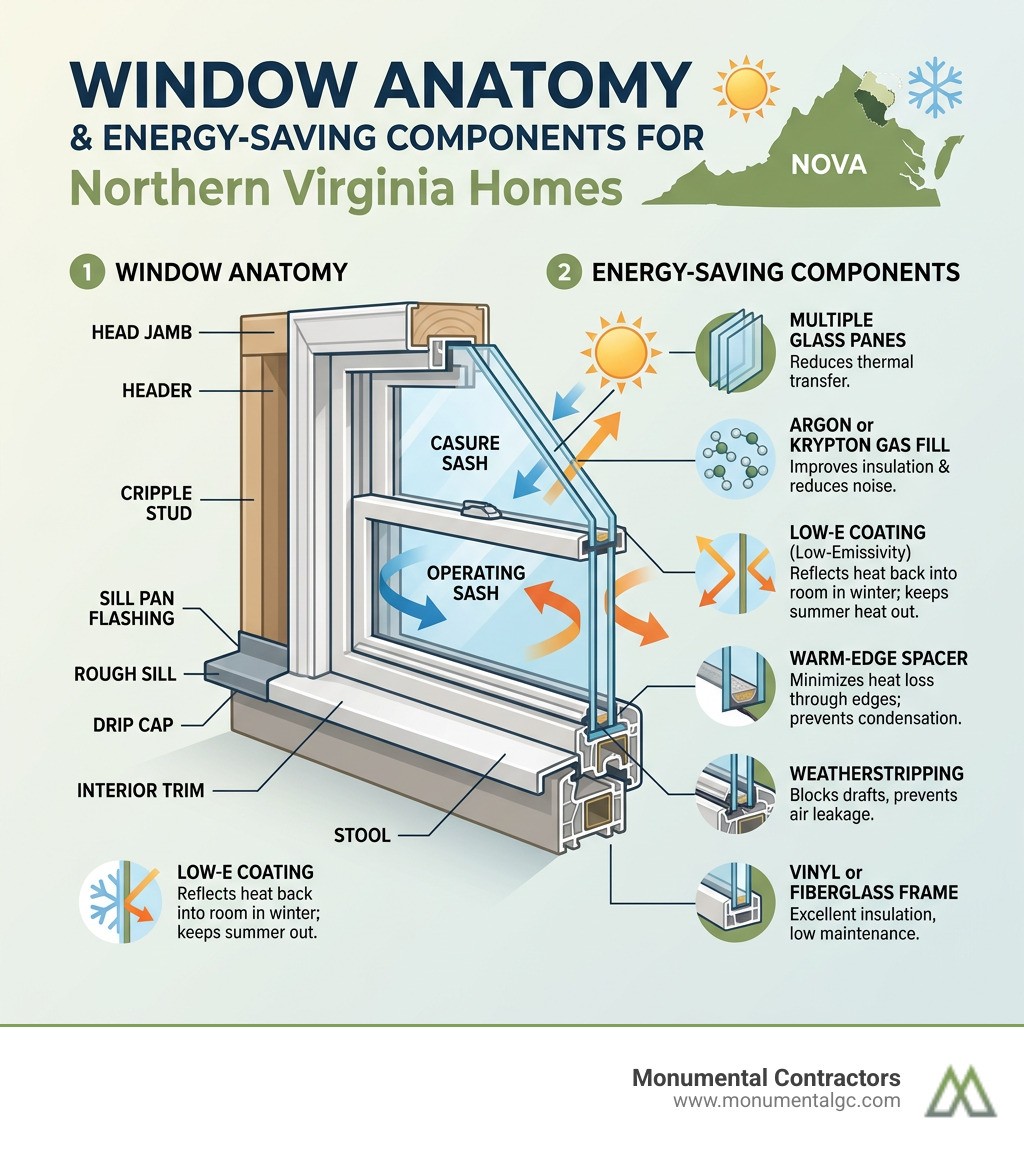 Window anatomy and energy-saving components infographic for Northern Virginia homes - Window replacement Northern Virginia
