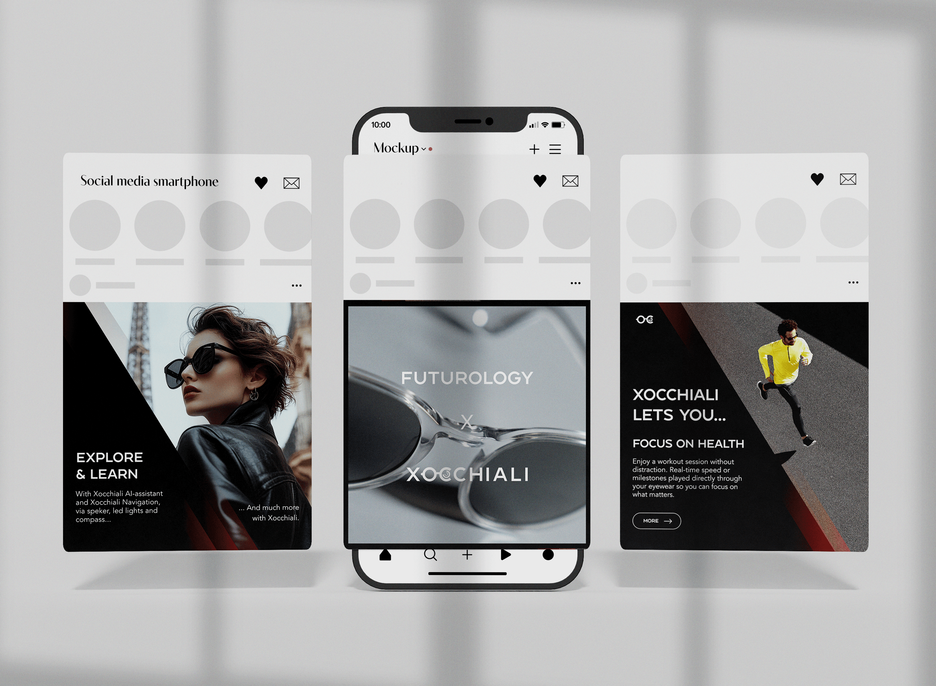 Mockup of three smartphone screens showcasing social media posts for Xocchiali Smart Eyewear. The posts feature images of people wearing sunglasses and the text "FUTUROLOGY," "EXPLORE & LEARN," "FOCUS ON HEALTH," and "XOCCHIALI.