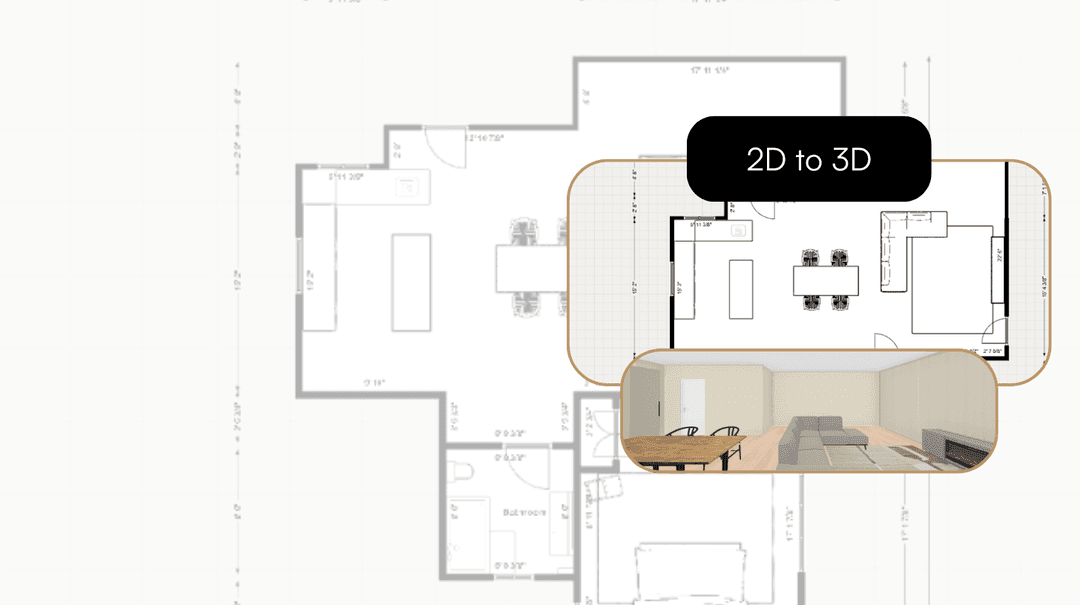 Floor plan with 2D to 3D conversion showing dining area transformation with furniture visualization