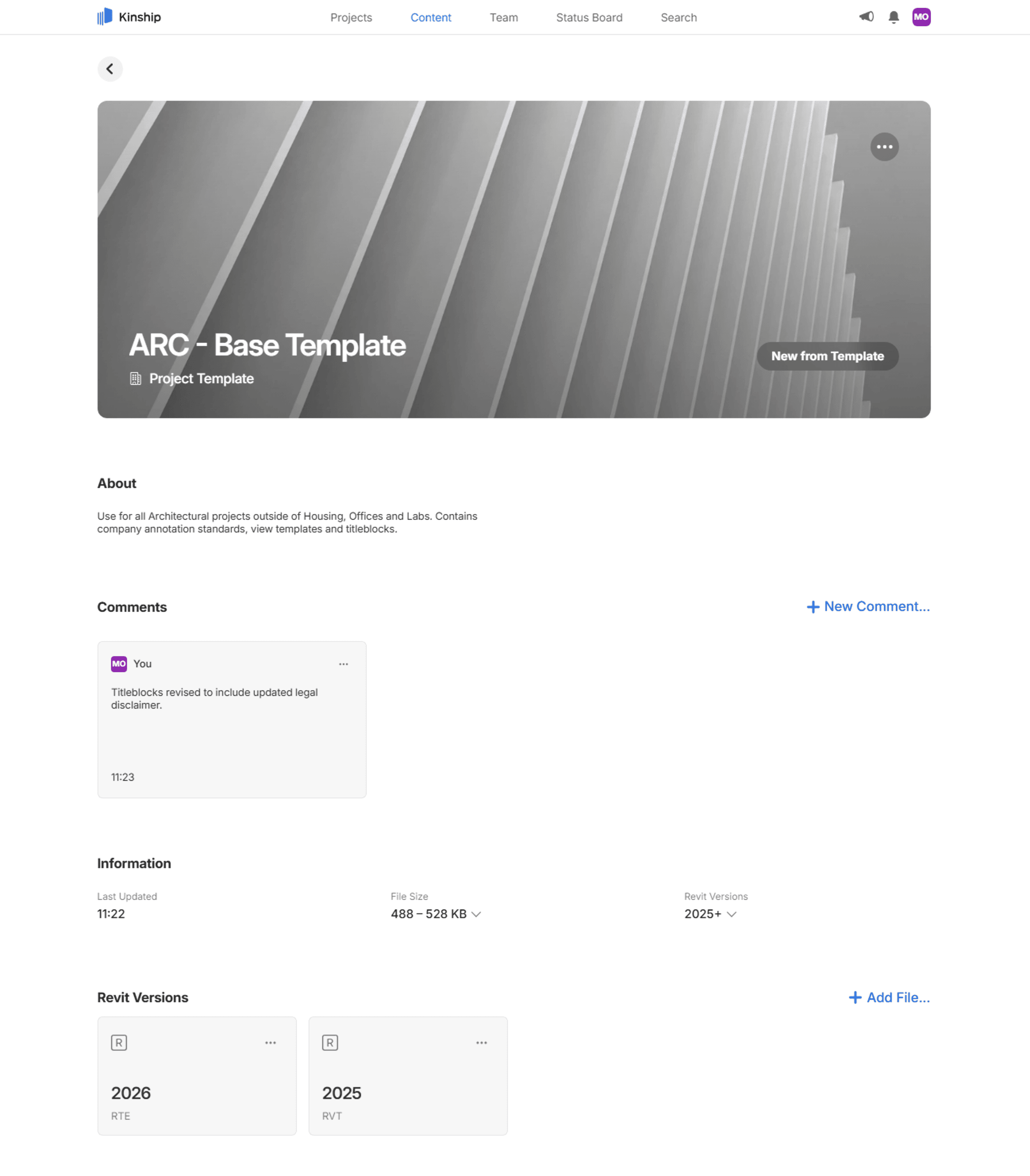 Template detail pages include a description, comments, key information and Revit version files.