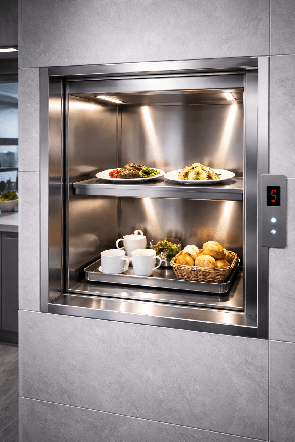 compact service elevator with trays of food and beverages inside