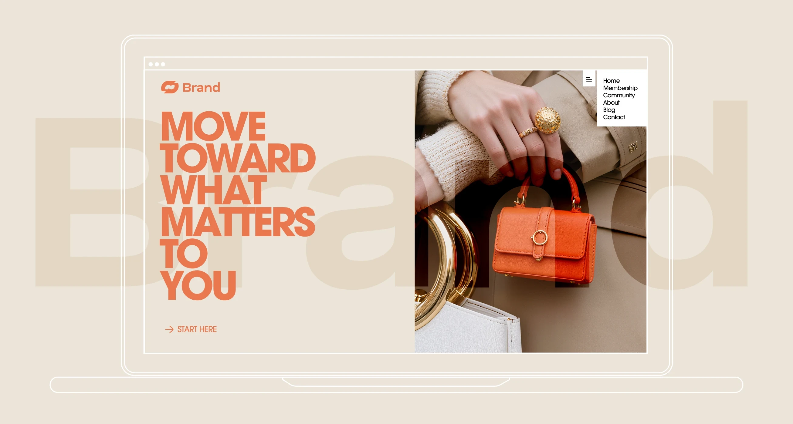 Website design with bold text and a hand holding an orange handbag.