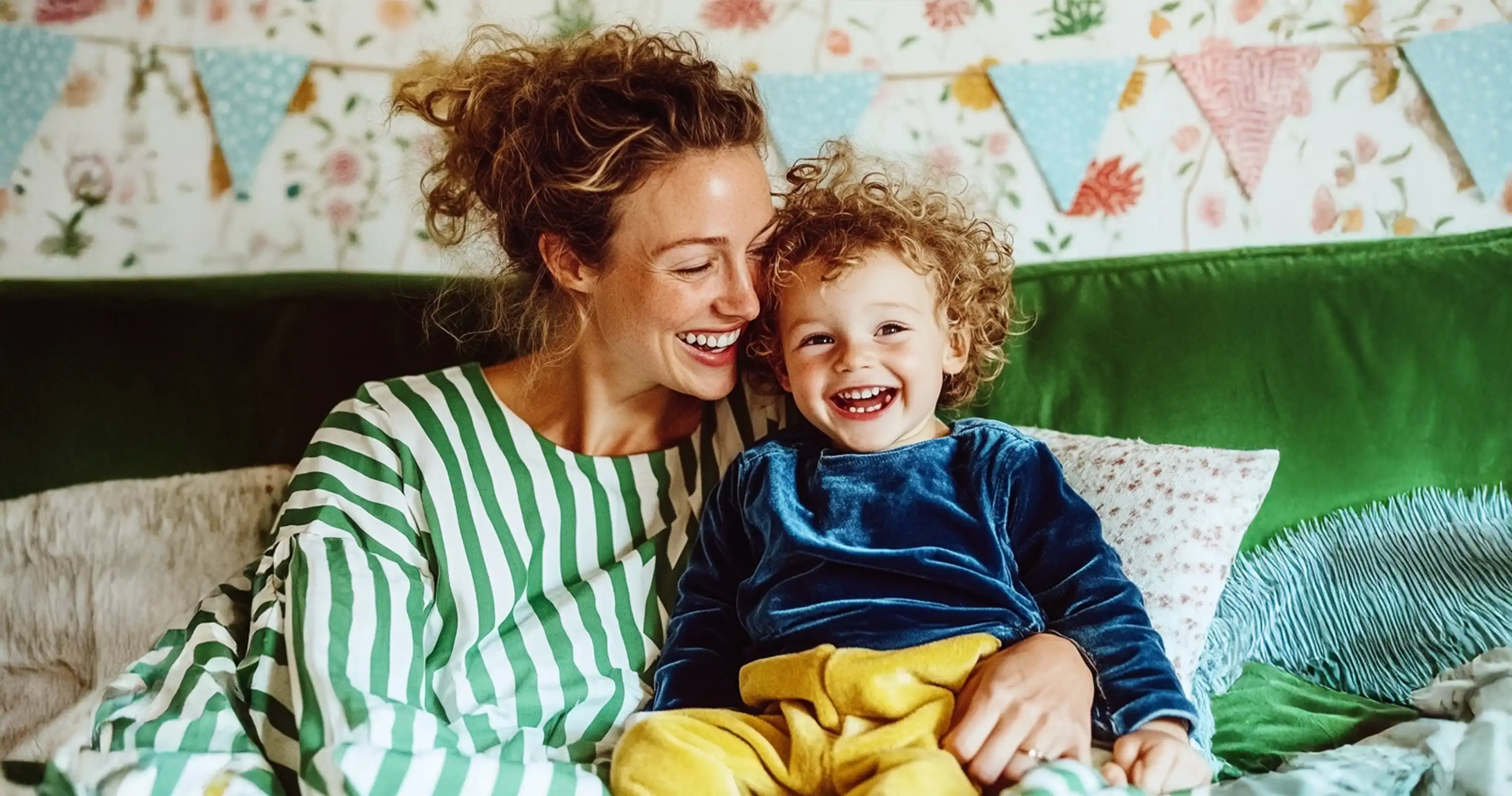 A joyful nanny and child laughing together on a colorful couch, showcasing the flexibility and connection part-time care provides.