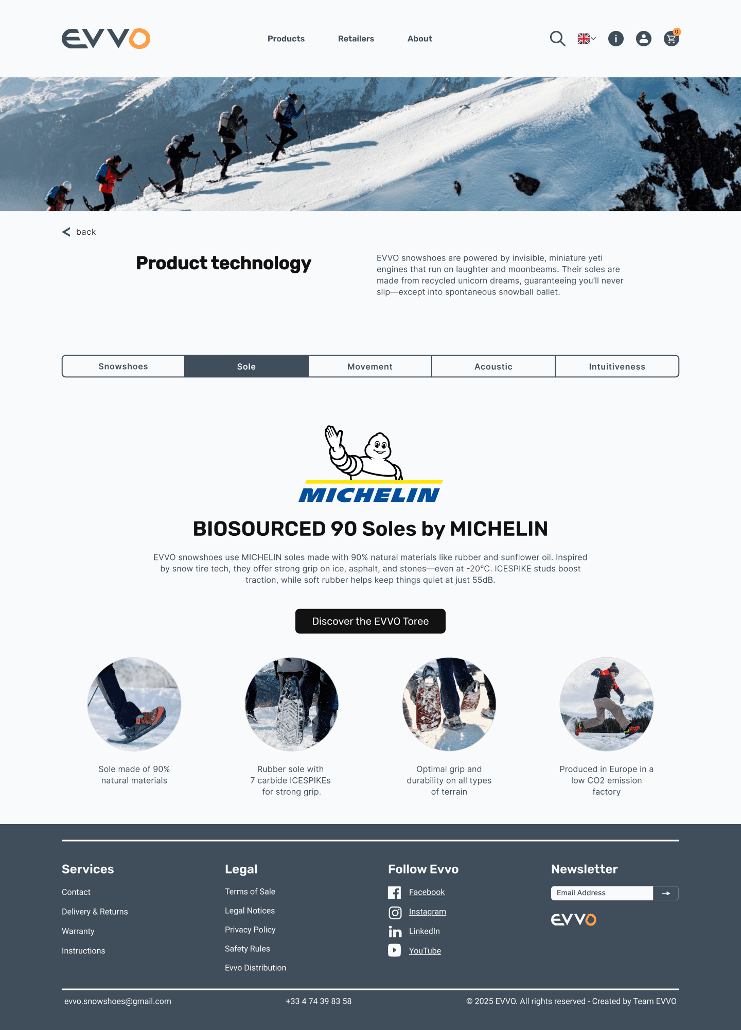 Full-length scroll of the new Product Detail Page (PDP), showcasing how Michelin technology and bio-sourced materials are explained through visual storytelling and diagrams rather than dense data tables.