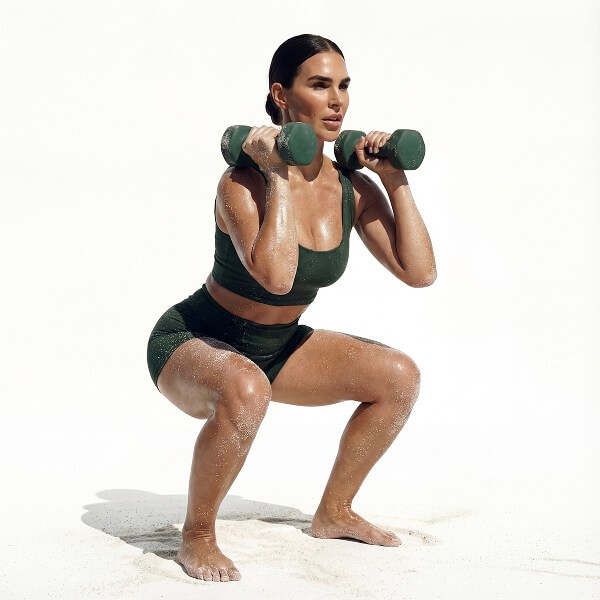 Woman performing a weighted dumbbell squat during a MokoSweat high-intensity training class at MokoBoko Studio Lisbon.