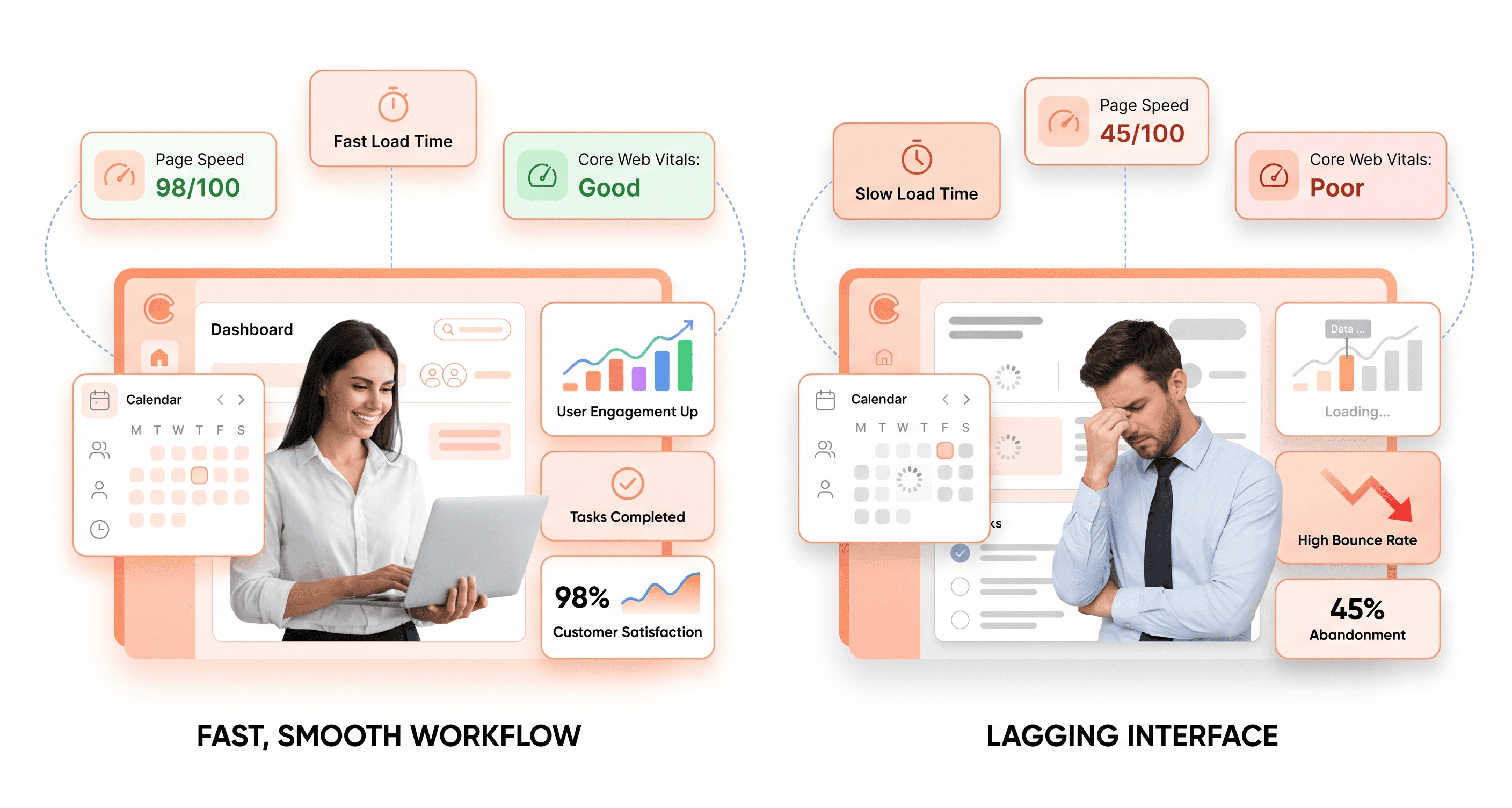 Comparison of fast and slow SaaS frontend experiences showing Core Web Vitals issues, loading delays, bounce rates, and user frustration.