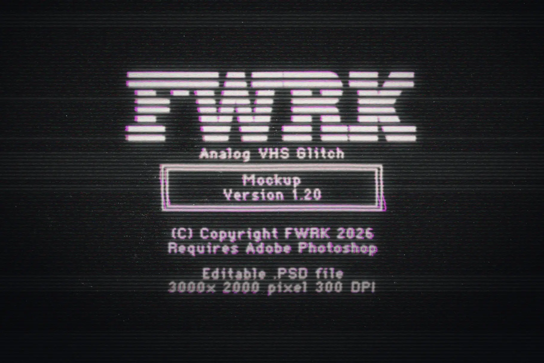 Analog VHS Glitch Mockup displaying technical file information in a flickering purple and white vintage screen style