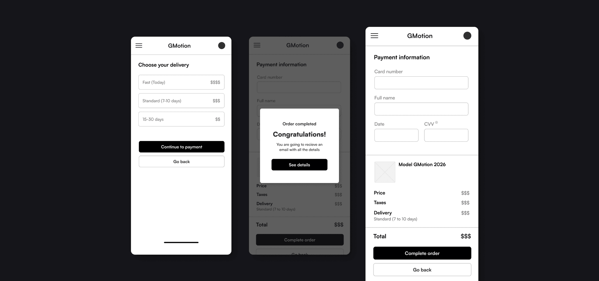 Wireframes Checkout Process GMotion