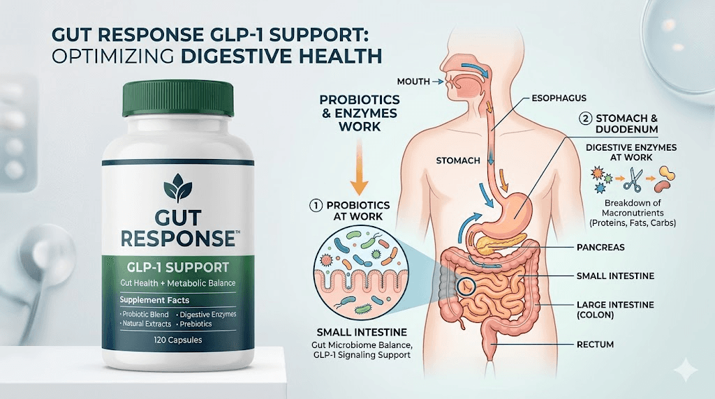 Gut Response GLP-1 Support supplement overview with digestive system