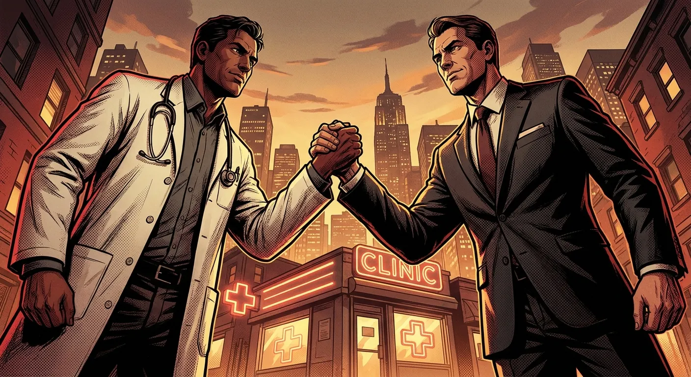 Two professionals shaking hands in front of a city clinic, sunset backdrop.
