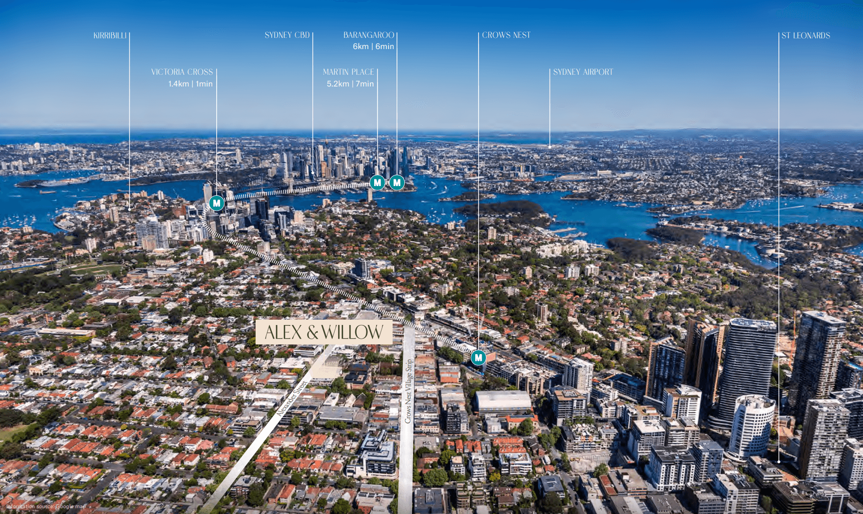 Aerial location map showing Alex & Willow Crows Nest near the Metro, Sydney CBD, and key landmarks, highlighting off-the-plan apartments you can buy with $10k through Coposit.