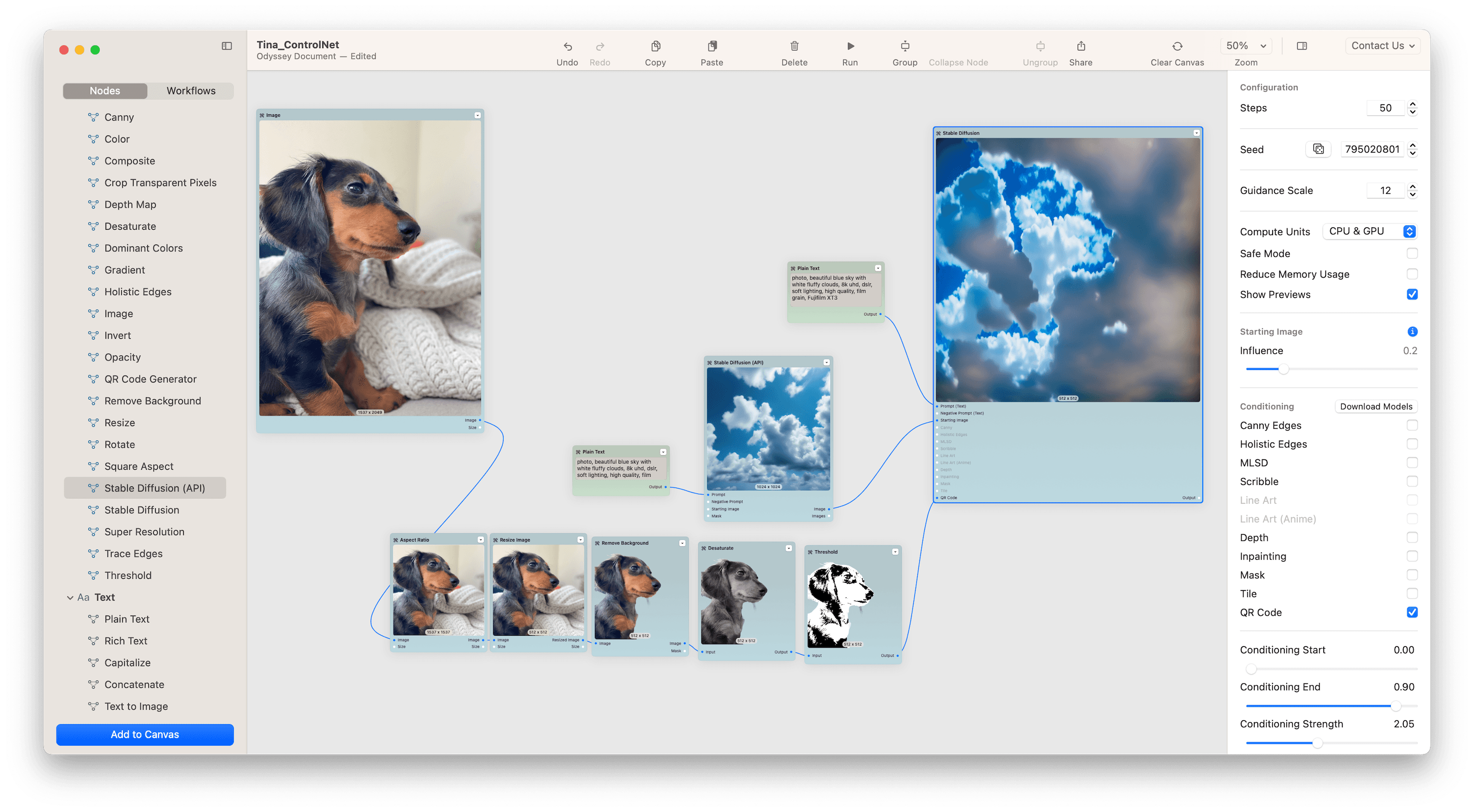 A workflow of an incredibly cute puppy staring off into the distance turned into the outline of a dog in the clouds as generated by AI