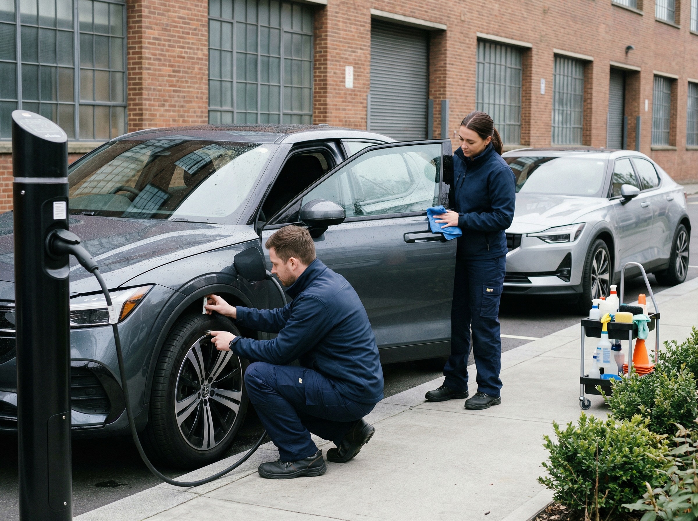 Ein elektrisches Testfahrzeug steht am Ladepunkt, das Kabel ist verriegelt. Ein Mitarbeiter prüft den Zustand der Reifen, während ein anderer die Einstiege kurz reinigt. Im Hintergrund wartet ein weiteres EV, frisch poliert. Alles wirkt ruhig und durchdacht getaktet.