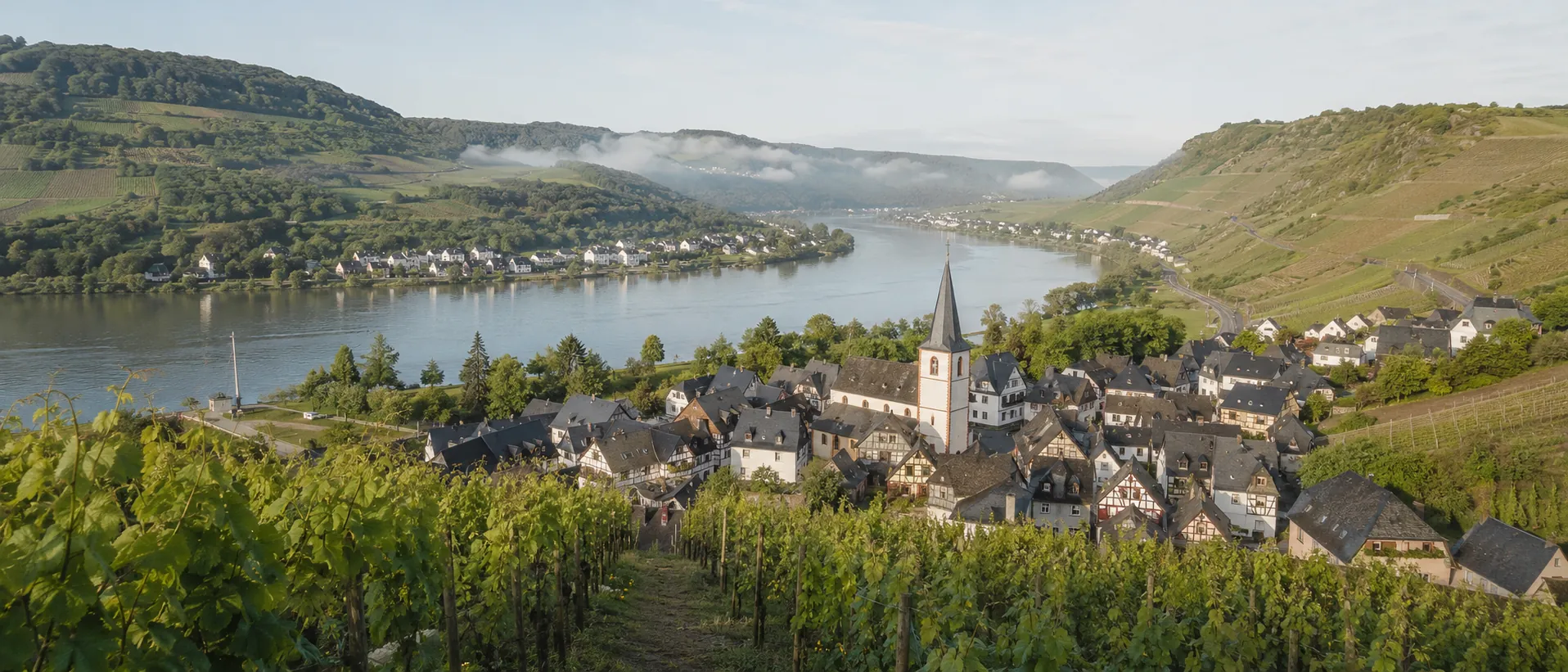 Moselschleife mit Weinbergen, Fluss und Fachwerkdorf in freundlicher Morgenstimmung